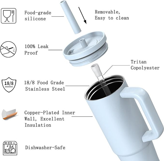 TILUCK 30 oz Tumbler with Handle, Vacuum Insulated Stainless Steel Travel Mug with 100% Leak-Proof Silicone Straw Lid, Cupholder Friendly Water Bottle(LightBlue, 30oz)