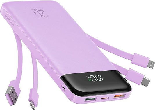 charmast 20000mAh Portable Charger with Built in Cables, 22.5W Travel Power Bank Fast Charging, USB C Cell Phone Battery Pack for iPhone 16/15/14/13/12/11 Series, iPad, Samsung, Android, Tablet