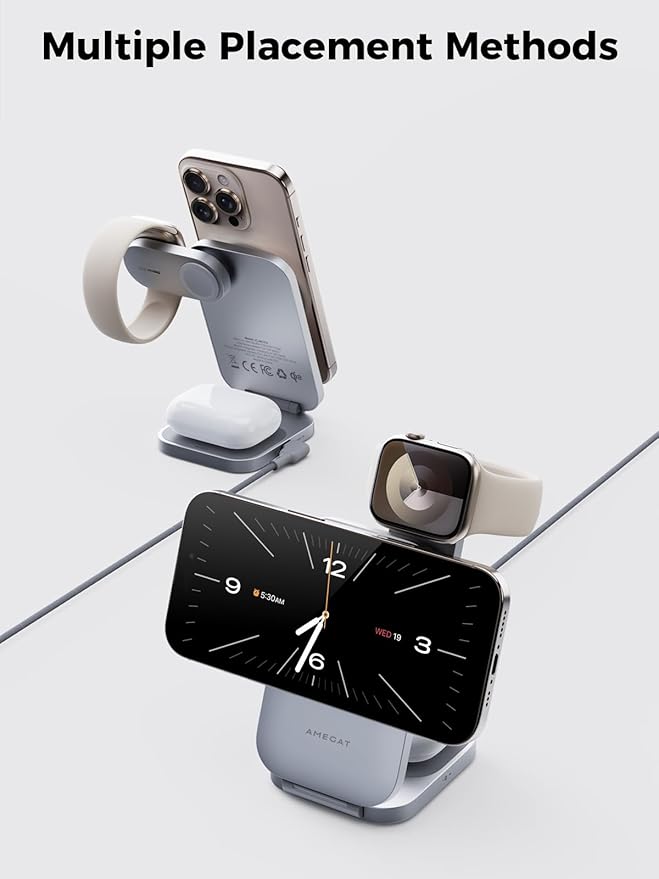 MagFusion Z 3-in-1 Charging Station Compatible with MagSafe, 15W Wireless Foldable Charger Qi2 Certified, Magnetic Charger for iPhone 17/16/15/14/13/12, AirPods 4/3/2/Pro, Apple Watch, Silver