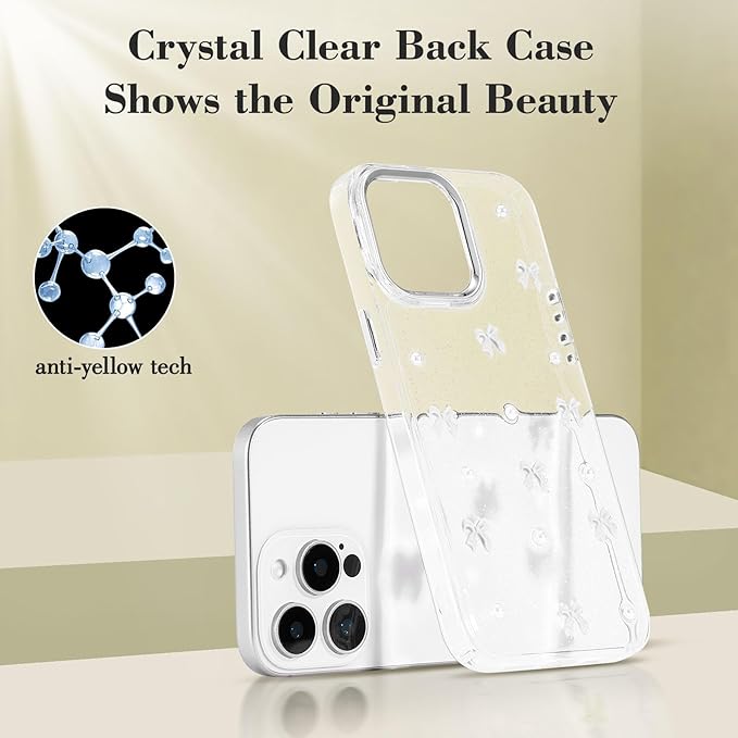 EYZUTAK Case for iPhone 13 Pro, Bling Glitter 3D Bowknot Phone Case Cute Sparkly Crystal Clear Bow Aesthetic Design Case Slim Soft Durable TPU Transparent Protective Cover for Women Girl - White Bow
