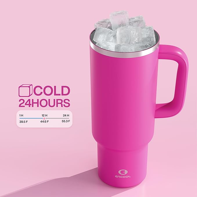 40 oz Tumbler with Handle and Straw: Stainless Steel Insulated Tumbler Keeps Cold for 24 Hours, Leakproof Travel Cup Fits in Cup Holder and BPA-Free, Persian Rose