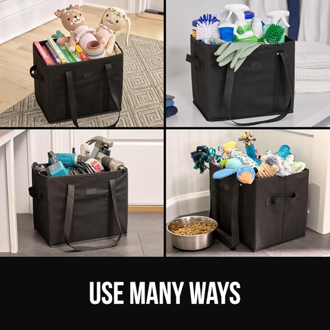 GORILLA GRIP Heavy Duty Foldable Reusable Grocery Bags, 3 Pack, Tear Resistant Box Shape Shopping Tote with Reinforced Handles, Grip Feet, Easily Carry and Transport Groceries, 13x10x11, Black