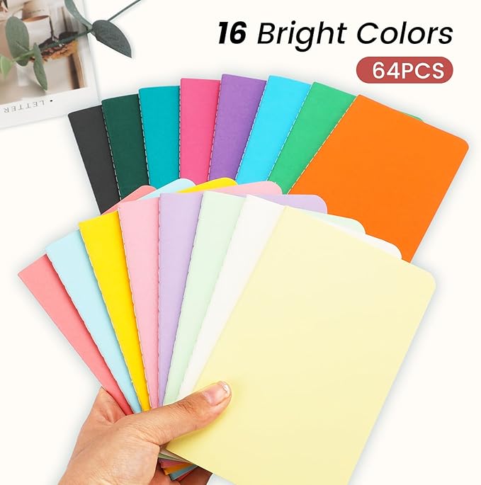 Oucaru 64PCS Mini Notebooks Bulk, 3.5" x 5.5", 16 Color, 60 Pages Lined Paper Small Pocket Notebook Set, Mini Journal Memo Notepads for Kids, Students, Traveler, School Office Supplies