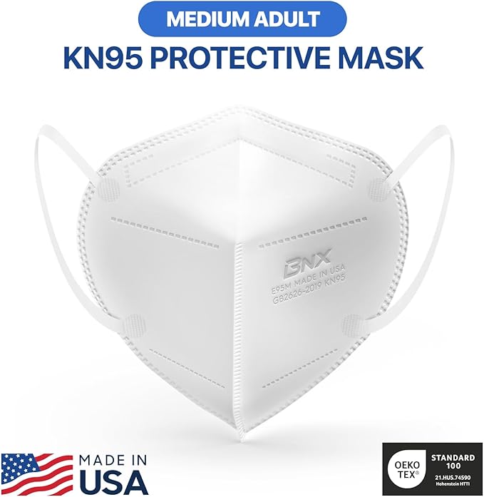 BNX KN95 Face Masks Made in USA (Adult Large, Adult Medium, Kids Small) (Earloop) (Model: E95/E95M/E95S)