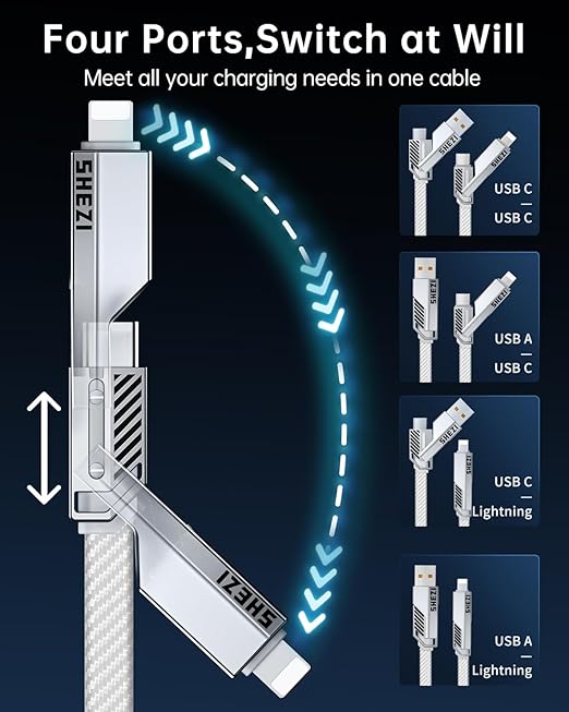 SHEZI [Upgraded 2.0] 4-in-1 USB C Cable 60W 5FT Fast Charging [480Mbps Data Sync] Flat Nylon Braided Charger Cord Combo, USB A/C to C/L Multi Charge Cable for iPhone/iPad & Most Devices, Silver