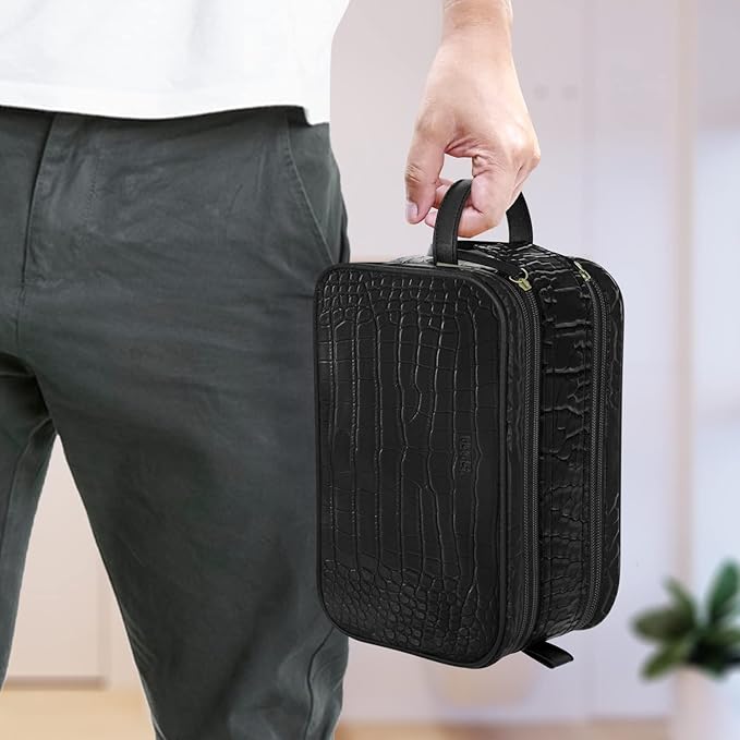 Dot&Dot Leather Toiletry Bag for Men Women - Spacious Womens Mens Toiletry Travel Bag, Large Travel Toiletries Bags (Black Croc, Large)
