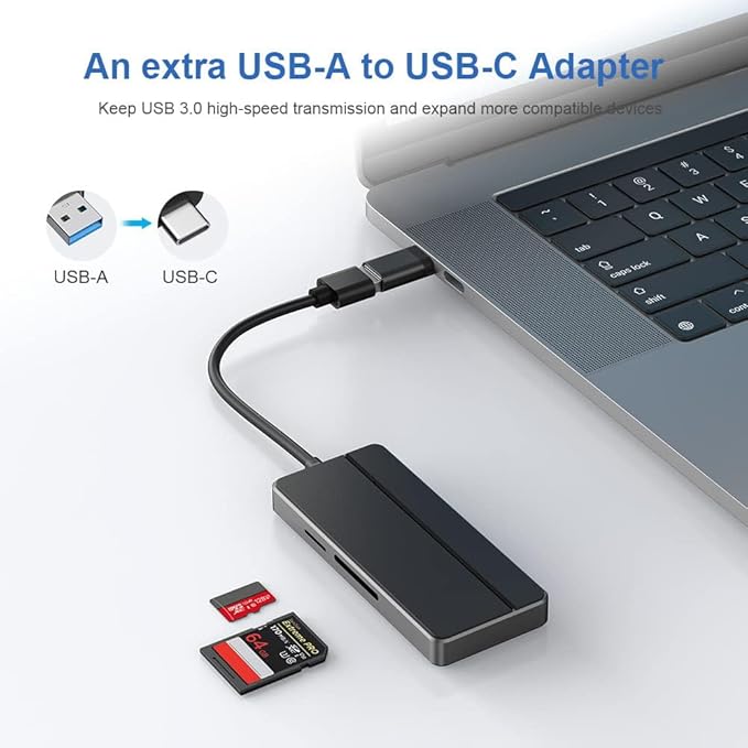 5-in-1 USB 3.0 Hub Adapter Hub, with 3 USB 3.0 Ports, SD and microSD Card Reader, USB A to USB C Adapter, for MacBook Pro, iMac, XPS, Surface Pro, S20, S10[Charging NOT Supported]