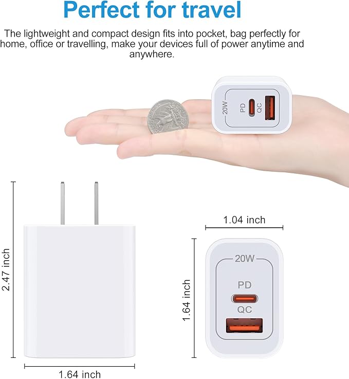 [2-Pack]Pixel 9 Fast Charging Block Type C Android Wall Plug for Google Pixel 10 10 Pro XL 9a 9 Pro XL 8A 8 Pro 7 6 Watch 3/2,20W USB C Wall Charger 2-Port PD Power Adapter+ QC Wall Cube for iPhone 16