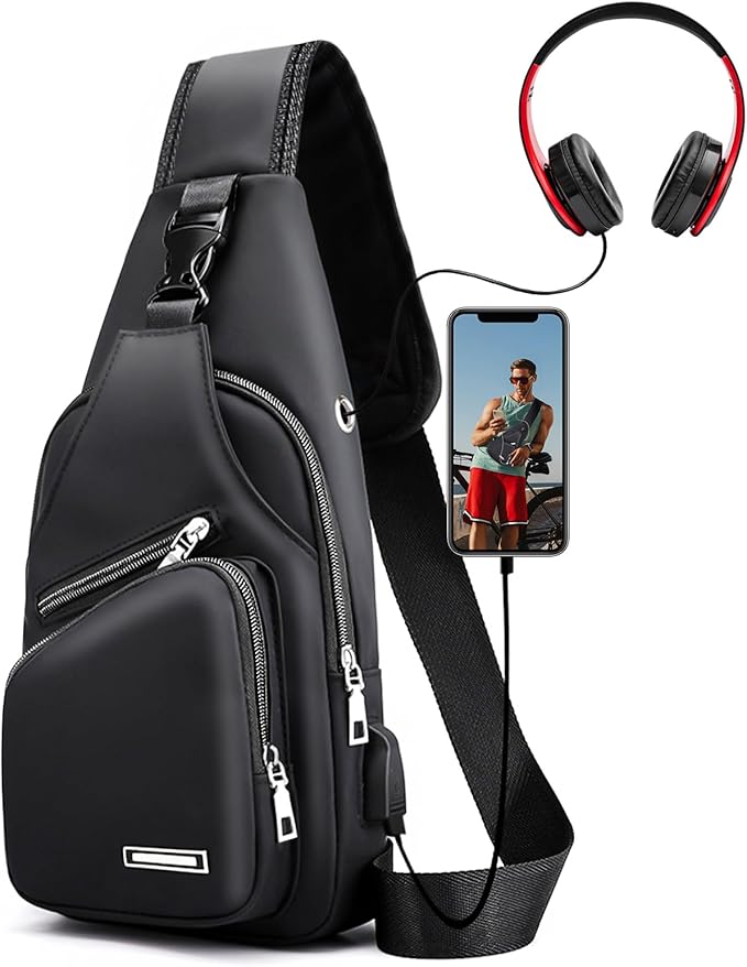 Peicees Mens Leather Crossbody Bag Trendy Sling Bag Man Purse Waterproof Sling Backpack Daypack Cross Body Chest Bag for Men