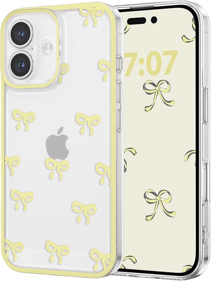 EYZUTAK Case for iPhone 16 Plus, Clear Cute Ribbon Bowknot Pattern Aesthetic Transparent Phone Case Raised Camera Protection Stylish Slim Soft Durable TPU Protective Cover for Women Girls - Yellow