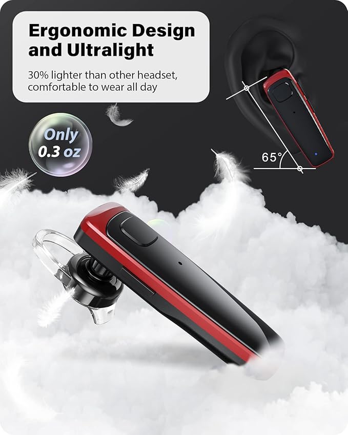 Bluetooth Headset - V5.0 Wireless Handsfree Earpiece Built-in Dual Mic Noise Cancelling, 10 Days Standby 16Hrs HD Talktime Ultralight Headset for iPhone Android Samsung Laptop(Red)