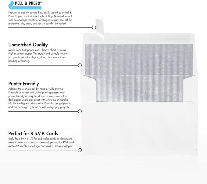 LUXPaper A2 Foil Lined Invitation Envelopes | Peel & Press | 4 3/8" x 5 3/4" | White w/Silver LUX Lining | 70lb. Text | 50 Qty