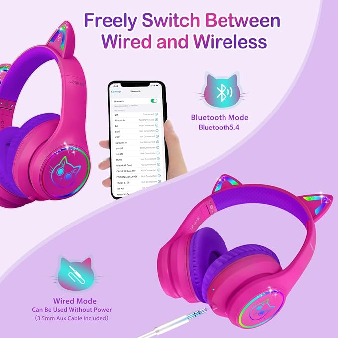 LOBKIN Bluetooth 5.4 Kids Headphones with Case - RGB LED Light Up Cat Ears Foldable Adjustable Over Ear Headphone Support Wireless or 3.5mm Wired Mode for Toddler & Girls & Boys Teens
