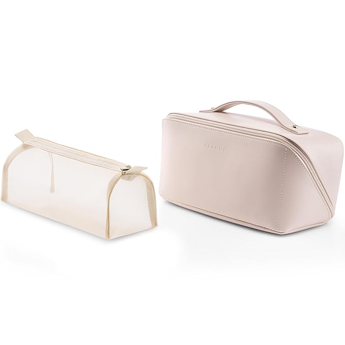 Vlando Makeup Bag,Large Capacity Toiletry Bag for Women Waterproof Portable Make up Pouch PU Leather Open Flat Cosmetic Bag(Apricot Pink)