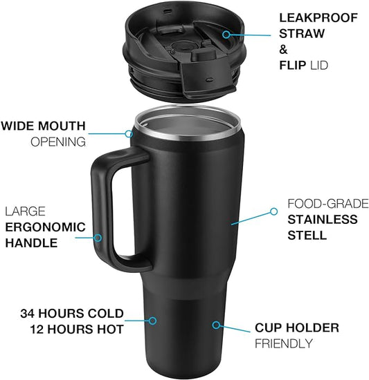50 oz Tumbler with Handle, Insulated Tumblers with Lid and Straw, Large Metal Sports Water Bottle Jug, Thermal Stainless Steel Travel Coffee Mug Cup, Red