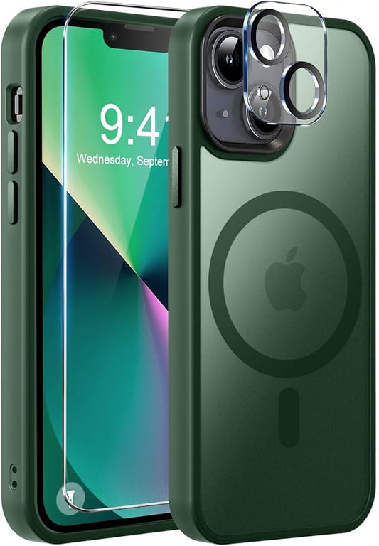 MOCCA Strong Magnetic for iPhone 13 Case, [Compatible with Magsafe][Screen Protector+Camera Lens Protector] Translucent Matte Back Slim Shockproof Case for iPhone 13 Phone Case 6.1", Midnight Green