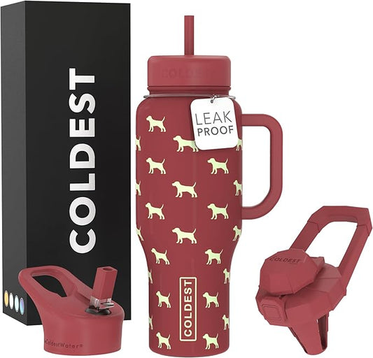 Coldest Tumbler with Handle and Straw - 100% Leak Proof Insulated Tumbler with Lid and Straw (3 Lids) - Stainless Steel Tumblers for Women & Men - Cup Holder Friendly Base, 36 oz (Baby Puppy)