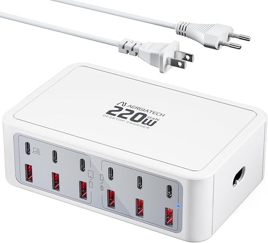 12-Ports Multiple USB C Fast Charging Station, 220W GaN Charger Hub with European Travel Plug, PD 65W Laptop Charger for MacBook iPad iPhone Google Pixelbook Dell XPS Galaxy Steam Deck - White