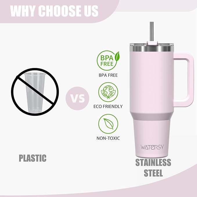 40 oz Tumbler with Handle,Tumbler with Lid and Straw,Double Wall Insulated Cup Stainless Steel Travel Mug(Cold for 34 Hours),Water Bottle for Iced Tea,Coffee,Cold Beverages(Rose Quartz)