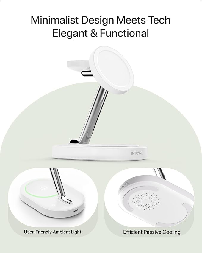 Intoval Fast Charging Station for Magsafe Apple Devices, Wireless Charger for MagSafe iPhones, 3 in 1 Magnetic Charger Stand for iPhone16/15/14/13, Apple Watch & AirPods.(White)