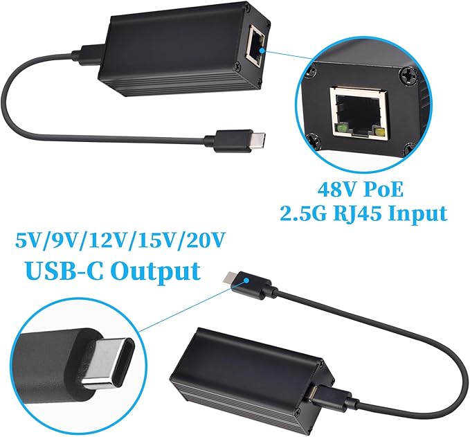 2.5G 25W PoE to USB-C Converter Adapter, Type-C Output Power & Ethernet 2 in 1, Max 20V 25W Charging & 2.5Gbps Rate for Laptop, Plug & Play (2.5GPD2CAT-20V)
