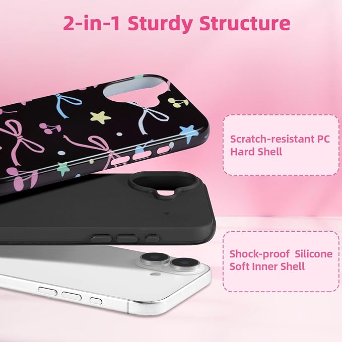 QLTYPRI Case for iPhone 16, Aesthetic Colorful Bow Cherry Stars Phone Case for Girls Women, Protective Hybrid 2-Layer Hard Shell Silicone Cover Durable Shockproof Phone Cover - Black