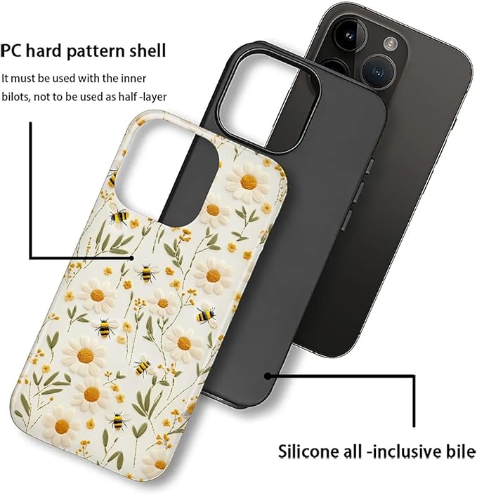 Case for iPhone 16 Pro Max Case,Bees Sunflowers Design - Hybrid Dual Protection Silicone + Hard PC Shockproof Full Body Cover Slim Anti-Scratch Protective Case for Men Women