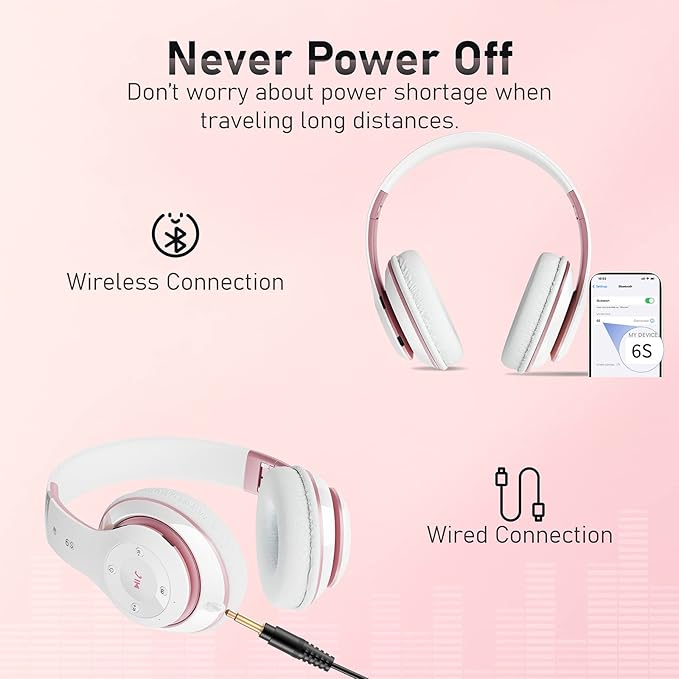 Bluetooth Headphones Over Ear, 6S Foldable Wireless Headphones with 6 EQ Modes, 40 Hours Playtime HiFi Stereo Headset with Mic, Soft Ear Pads, TF/FM for Cellphone/PC/Home (White & Rose Gold)