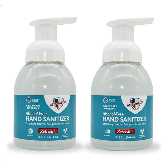 Hand Sanitizer Foam 8.25 oz.(2-pack) Alcohol-Free, Long-lasting Protection. Eliminates 99.9%. Moisturizes With Aloe Vera. Formulated with Zetrisil. FDA Registered