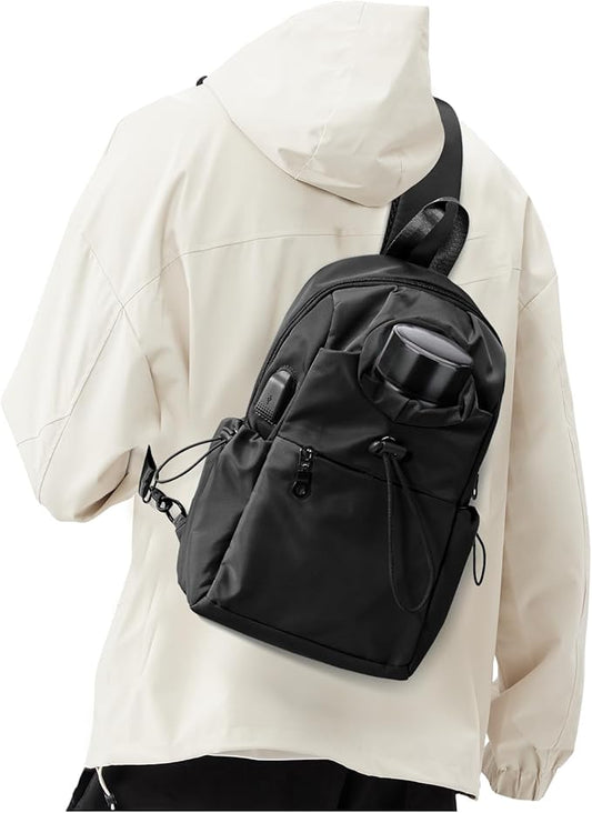 Black Sling Crossbody Bag for Men Women, Tactical Backpack Shoulder Daypack Mini Anti-Theft Cross Body Motorcycle Chest Bags, Small One Strap Fanny Back Pack for Casual Travel Hiking Sport Gym