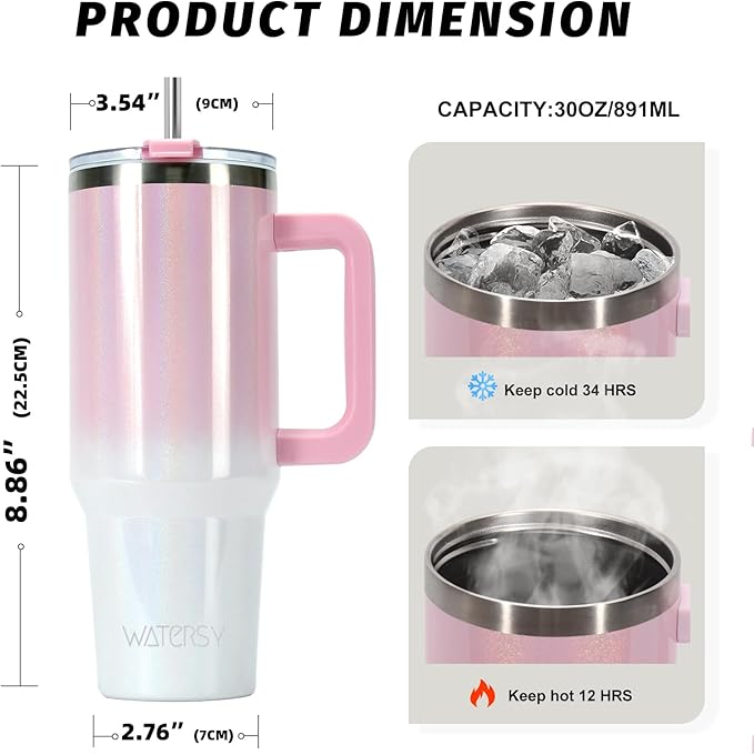 30 oz Shiny Tumbler with Handle and Straw,Stainless Steel Tumbler with Lid and Straw,Insulated Travel Mug(Cold for 34 Hours),Water Bottle for Iced Tea,Coffee (Pink)