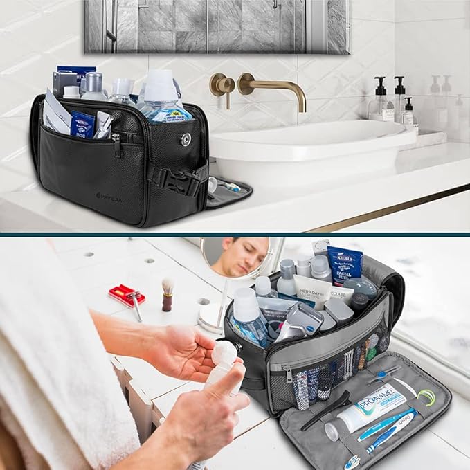 PAVILIA Toiletry Bag for Men, Travel Essentials Shaving Dopp Kit, Mens Travel Bag Toiletries Organizer Case for Grooming, PU Leather Water Resistant Cosmetic Bag Pouch (XL, Black)
