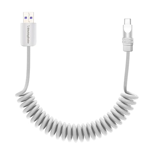 chubbycable Curly Chubby Retractable Fast Charging Cable 120W Coiled Charger Cord for Car Durable USB C Cable Compatible with iPhone 16/15 Series, White, USB-A to Type-C, 1.3FT-2.3FT
