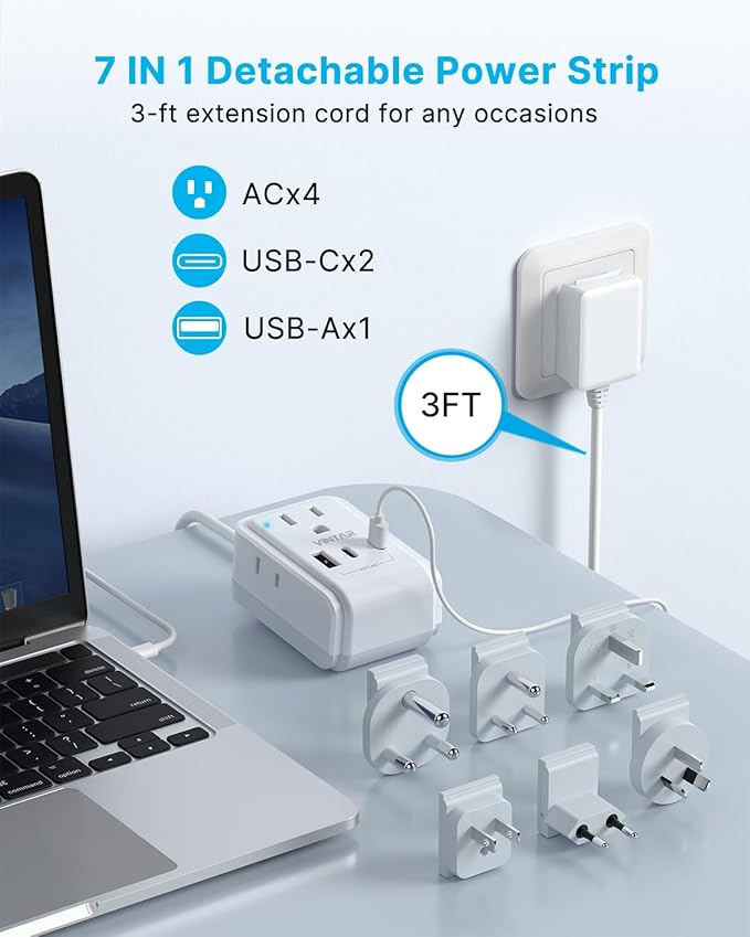 VINTAR Universal Travel Adapter Kit, 3ft Detachable Extension Cord with 4 AC Outlets & 3 USB(2 USB C), Type A/C/G/D/I/M International Power Adaptor for US to Europe UK India South Africa Japan