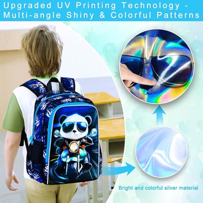 CCJPX 3PCS Backpack for Boys, 16 Inch Kids Panda Water Resistant Preschool Backpacks, Cool Kindergarten School Bookbag Set for Teen Travel
