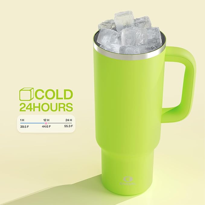 40 oz Tumbler with Handle and Straw: Stainless Steel Insulated Tumbler Keeps Cold for 24 Hours, Leakproof Travel Cup Fits in Cup Holder and BPA-Free, Sharp Green