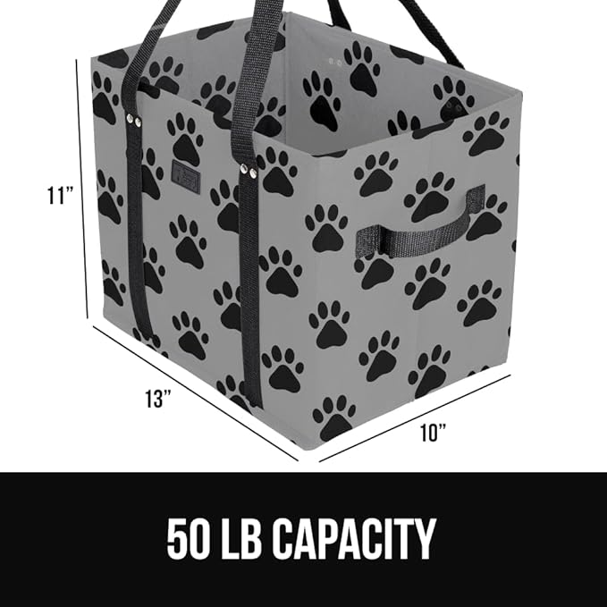 GORILLA GRIP Heavy Duty Foldable Reusable Grocery Bags, Tear Resistant Box Shape Shopping Tote with Reinforced Handles, Grip Feet, Easily Carry and Transport Groceries, 13x10x11, 1 Pack Paw Gray Black