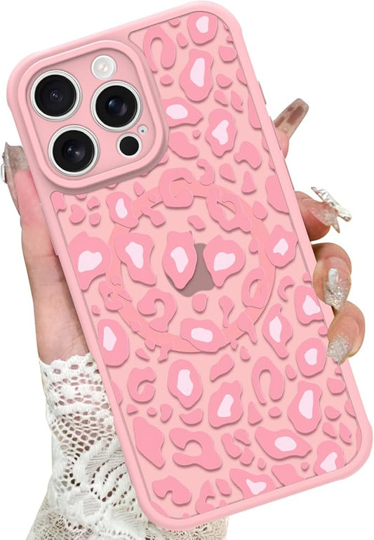 KANGHAR Case for iPhone 16 Pro Max Pink Leopard Printed Pattern Cute Cheetah [Compatible with Magsafe] Protective Magnetic Case for Girls Women 6.9"
