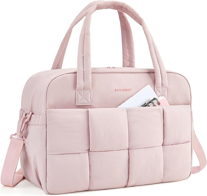 BAGSMART Gym Bag for Women, 24L Puffer Travel Duffle Bag for Travel with Laptop Compartment, Weekender Bags for Women, Carry On Duffel Bag Personal Item Bag, Baby Pink