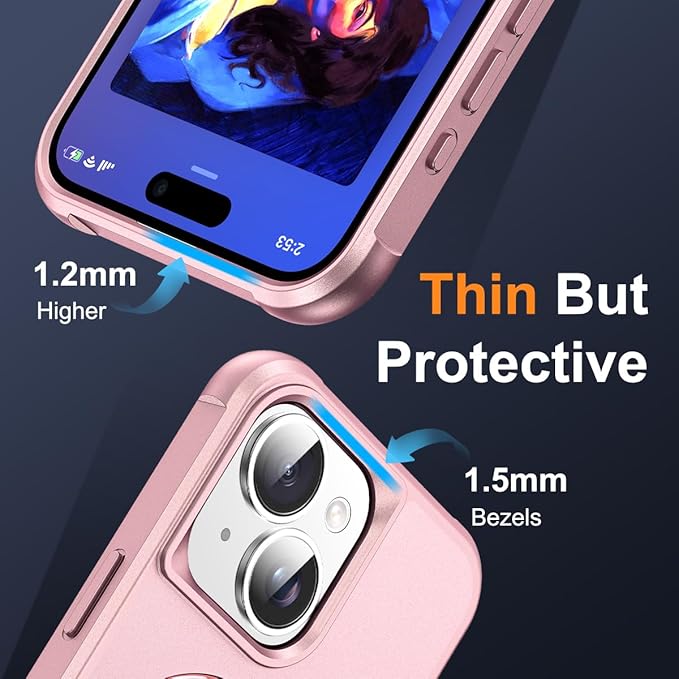 Compatible with iPhone 15 Case with Invisible Magnetic O-Ring Stand Military-Grade Case for iPhone 15 6.1" [Compatible with Mag-Safe][Great Grip Feeling], Rose Gold