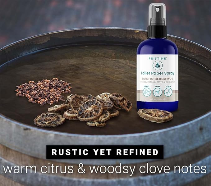 PRISTINE Toilet Paper Spray Instead of Wipes and Bidets - Like Foam Alternative and Gel Alternatives to Wipes, is a Refreshing Bidet Attachment Substitute, Rustic Bergamot, 4 fl oz