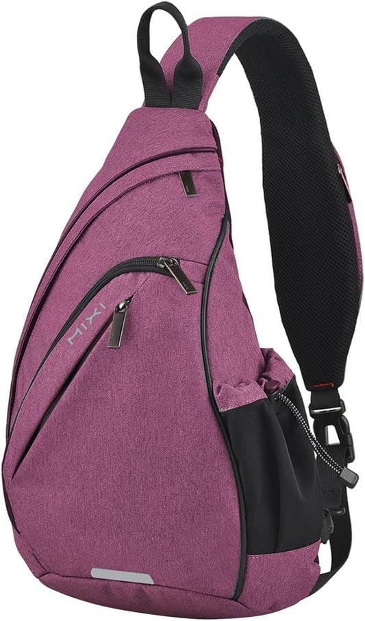 mixi Sling Bag Men Backpack Unisex One Shoulder Bag Hiking Travel Backpack Crossbody with USB Port for Men Women Versatile Casual Daypack-19 inch,Purple
