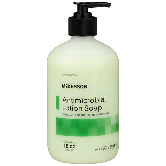 McKesson Antimicrobial Lotion Hand Soap with Aloe, 18 oz Pump Bottle [Pack of 1] - Herbal Scent, Keeps Hands Clean and Moisturized, Medical-Grade Soap