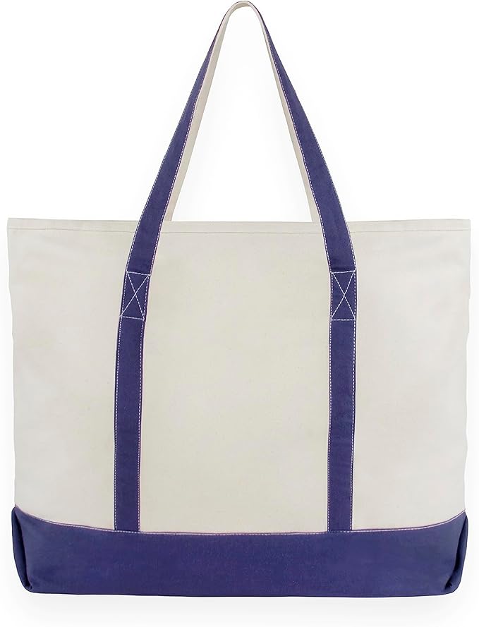 Extra Large Zippered Canvas Tote Bag - 22 Inches, Heavy Duty, Zipper Top Canvas Bag - 100% Cotton, Reusable, Washable, Sturdy, Double Stitched Picnic, Grocery Cotton Shopping Bag with Zipper (Blue)