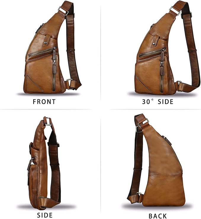 Genuine Leather Sling Bag for Men Vintage Handmade Crossbody Daypack Hiking Backpack Retro Crossbody Shoulder Bags (Brown)