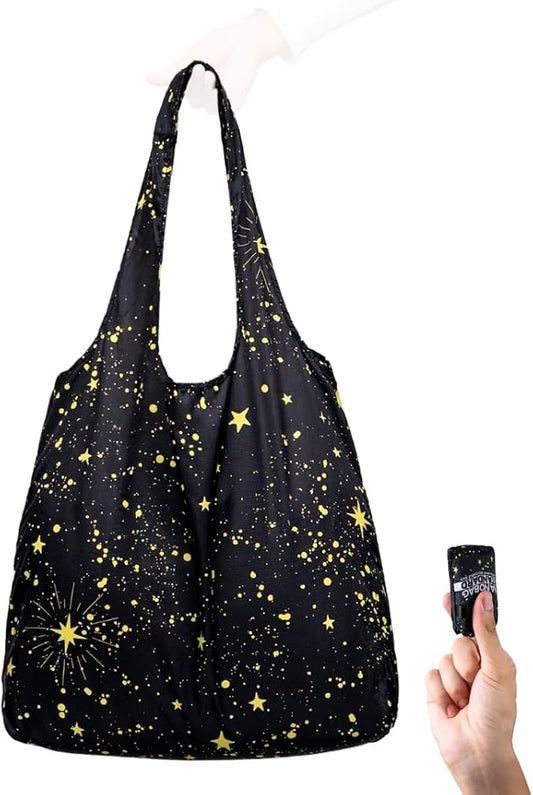 Nanobag Ultra-Lightweight Standard Size Tote Bag for Women & Men, Heavy Duty Reusable Grocery Bag, Foldable Travel Shopping Tote, Packable Cloth Bag with Handles, Washable Market Tote (Stars)