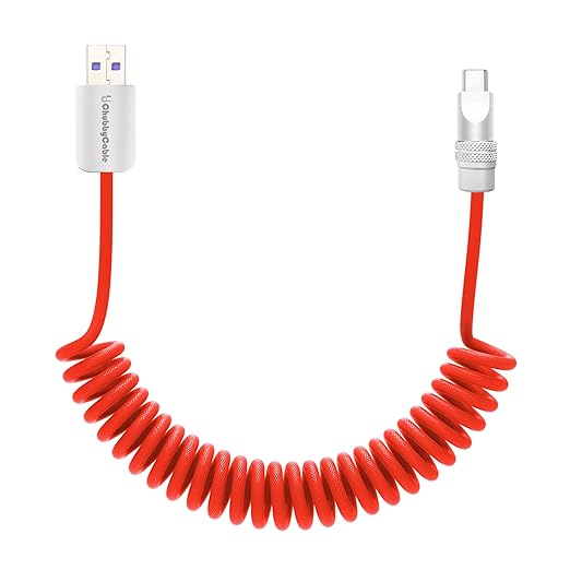 chubbycable Curly Chubby Retractable Fast Charging Cable 120W Coiled Charger Cord for Car Durable USB C Cable Compatible with iPhone 16/15 Series, Red, USB-A to Type-C, 1.3FT-2.3FT