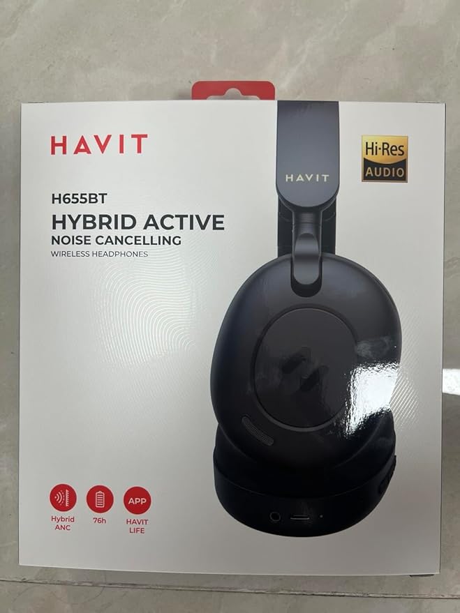 havit H655BT Hybrid Active Noise Cancelling Headphones for Airplane Travel, Wireless Over Ear Bluetooth Headphones, 76H Playtime, Hi-Res Audio, Super Bass via App, 5 Mic for Noise Cancelling