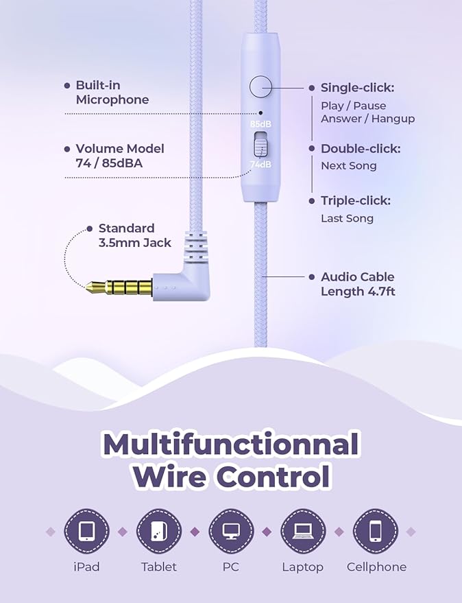 iClever HS19 Kids Headphones for School with Microphone, Safe Volume Limiter 74/85dBA, Over-Ear Girls Boys Headphones for Kids with FunShare Foldable Wired for iPad/Travel (Purple)