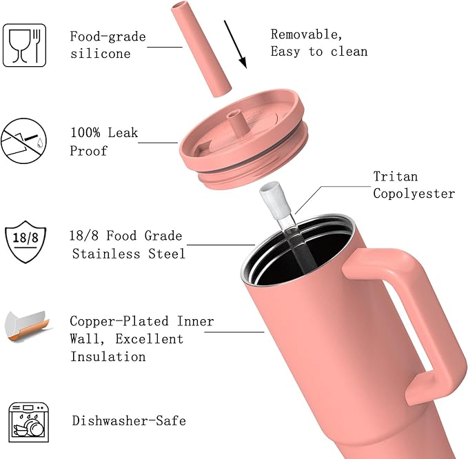 TILUCK 30 oz Tumbler with Handle, Vacuum Insulated Stainless Steel Travel Mug with 100% Leak-Proof Silicone Straw Lid, Cupholder Friendly Water Bottle(CoralRed, 30oz)